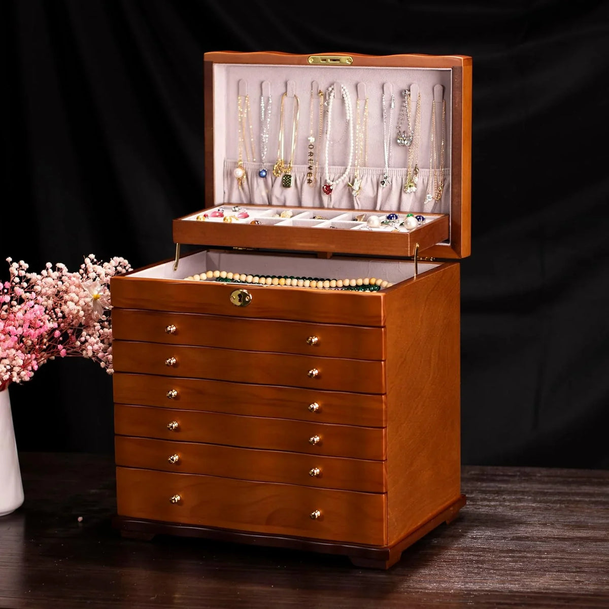 Wooden Jewelry Box,jewelry boxes for women large jewlrey box&organizers with necklace hanger,jewerly organizer,jewelry holder organizer,9-layer large capacity jewelry storage box