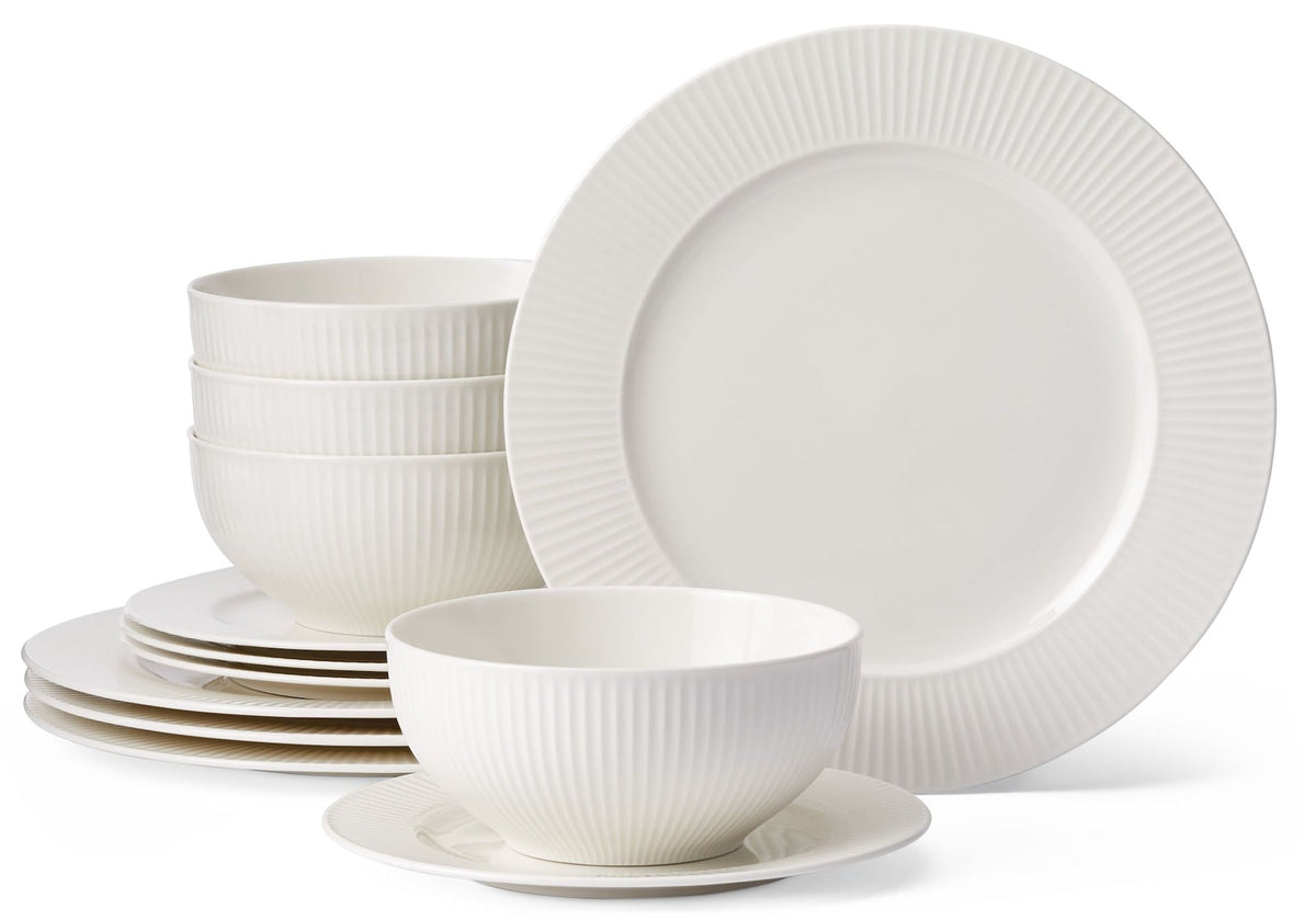 Highbury Ribbed New Bone Dinnerware Set, Serves 4, 12-pc, White
