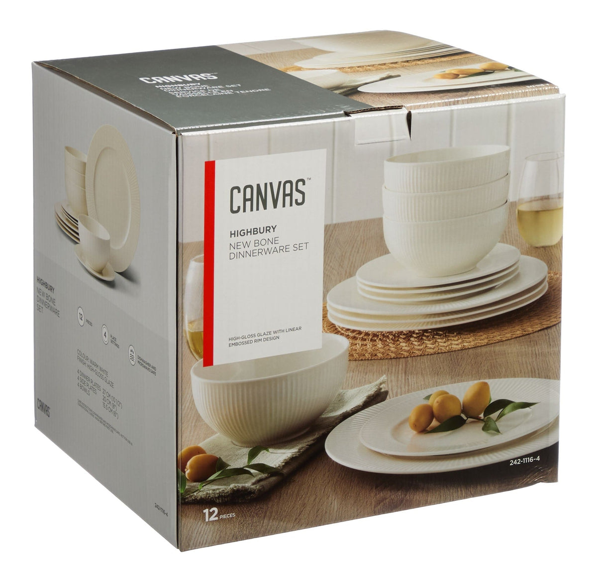 Highbury Ribbed New Bone Dinnerware Set, Serves 4, 12-pc, White