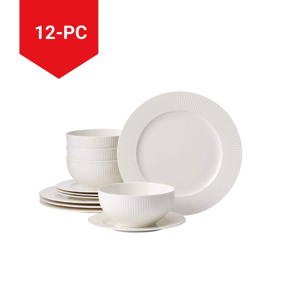 Highbury Ribbed New Bone Dinnerware Set, Serves 4, 12-pc, White