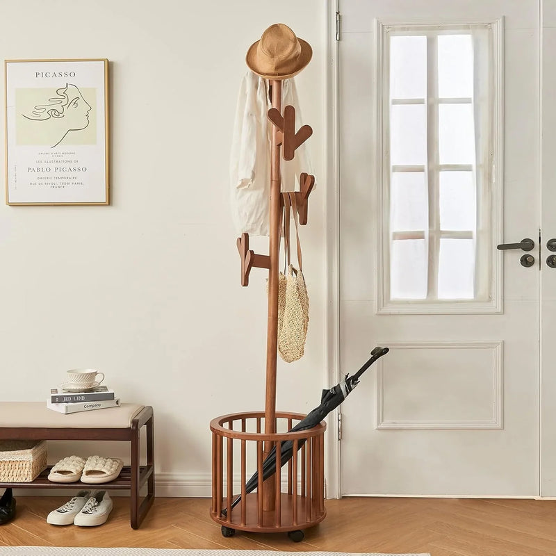Wood Coat Rack Freestanding - Wooden Coat Tree Hat Rack with 12 Hooks, Clothes Coats Hanger Stand Rolling Racks with Umbrella Holder Wheels for Bedroom Entryway Hallway Livingroom (Walnut) A9013