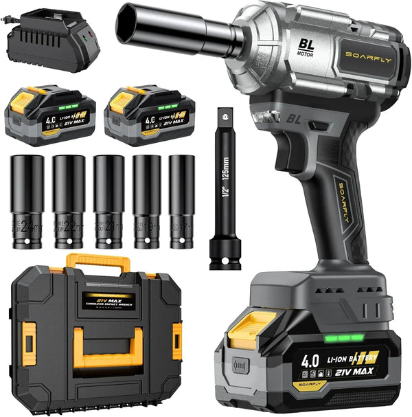 Cordless Impact Wrench, 1200Nm(900ft-lbs) High Torque 1/2'' Impact Wrench, 21V Brushless Electric Impact Gun with 2Pcs 4.0Ah Batteries, 1 Hour Fast Charger, 5 Sockets, Power Impact Driver for Car Home A9468