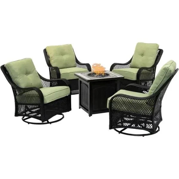 5-Piece Steel Patio Fire Pit Conversation Set with Navy Blue Cushions, Swivel Gliders and Square Fire Pit Table J3526