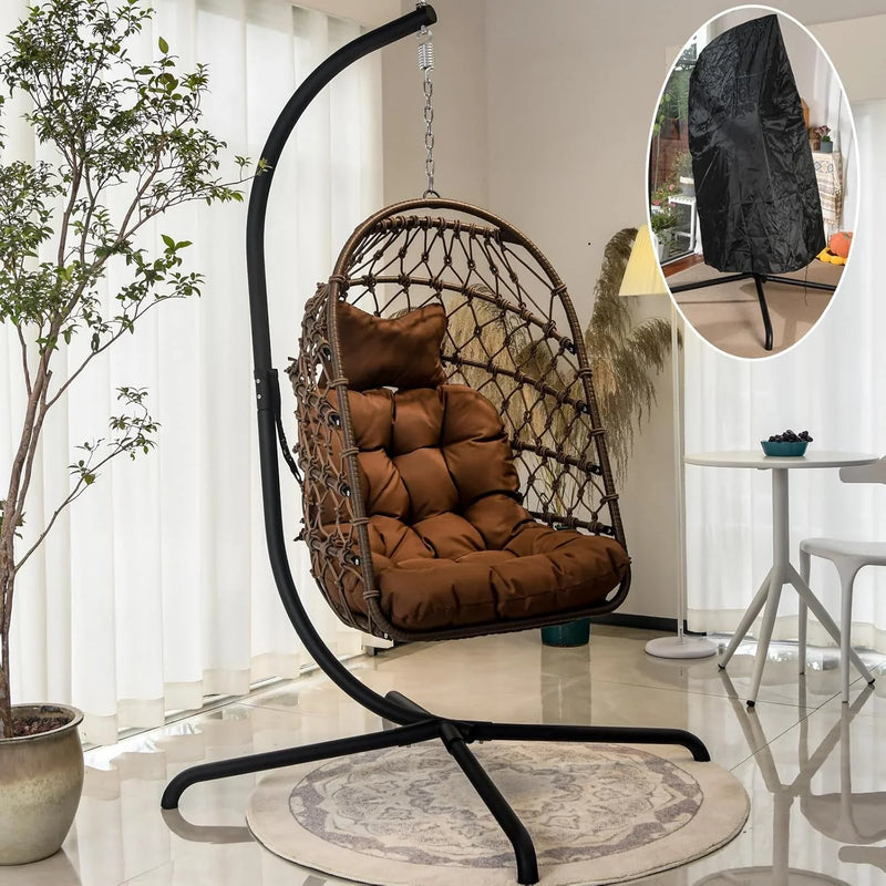 Indoor and outdoor egg-shaped rocking chairs with frames and covers, garden rattan hanging chairs, capacity 450 pounds, with UV-protective cushions, suitable for bedrooms, outdoor balconies, courtyards or living rooms (dark gray) Y2181