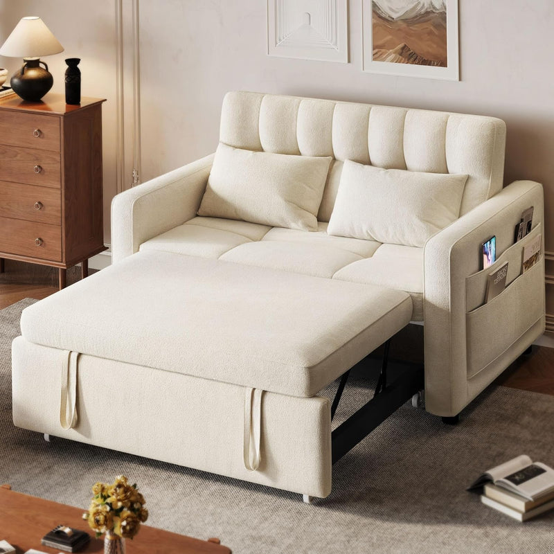 3-in-1 Convertible Sofa Bed, 55" Sleeper Sofa with Pull-Out Bed, Cat-Scratch-Proof Fabric Futon Couch with Adjustable Backrest and Side Pocket, Loveseat Room Apartment, Grey I8055
