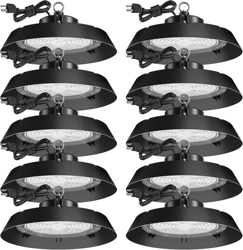 200-watt, 10 sets of UFO lamps, LED ceiling lights, 28,000 lumens, 5000K LED ceiling lights, 5-foot cable, can replace 650-watt metal halide/hot mercury lamps, suitable for gyms, factories, barns and storage areas. V9376