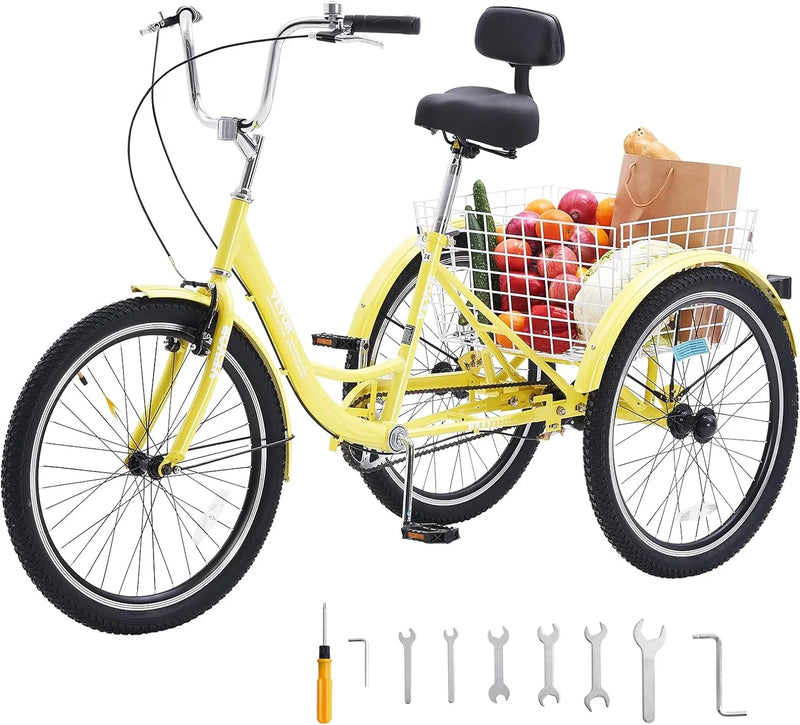 Adult tricycles, 20-inch tricycles, tricycle motorcycles, carbon steel leisure bicycles with baskets and adjustable seats, suitable for elderly, female and male picnic and shopping tricycles (yellow) B8780