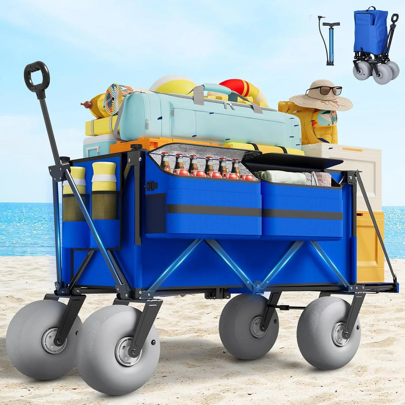 Beach Wagon with Big Wheels for Sand - 450lbs Load Heavy Duty Wagons Carts Foldable with 9" All Terrain Inflatable Tires, Collapsible Beach Cart for Grocery Shopping Garden Sports Camping Outdoor A1752