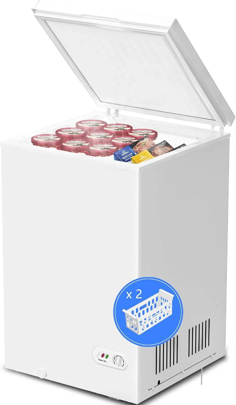3.5 Cubic Feet Chest Freezer with 2 Removable Baskets Free Standing Top Open Door Compact Freezer with Adjustable Temperature for Home/Kitchen/Office/Bar (3.5 Cubic Feet, White) P7405