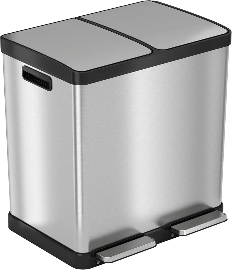 16-gallon contact-free trash and recycling bins, made of stainless steel, with a double compartment design (each compartment holds 8 gallons), suitable for recycling and waste disposal in the kitchen. W1633