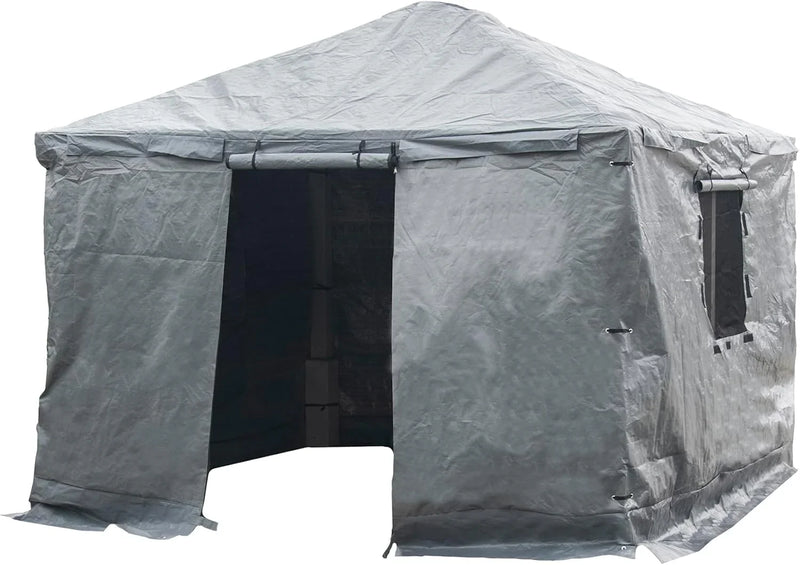 Universal winter tarpaulin, suitable for tall sunshades, used for storing barbecue grills and outdoor furniture, with fireproof and weather-resistant properties, measuring 10 feet by 12 feet, and in gray color. L2681