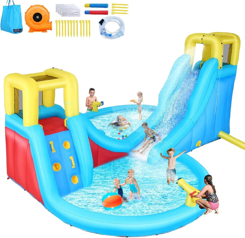 Inflatable Water Slide, 6 in 1 Outdoor Inflatable Water Park with Climbing, Basketball Rim, Splash Pool, Water Cannon, Blow up Water Slides for Kids Backyard T8937