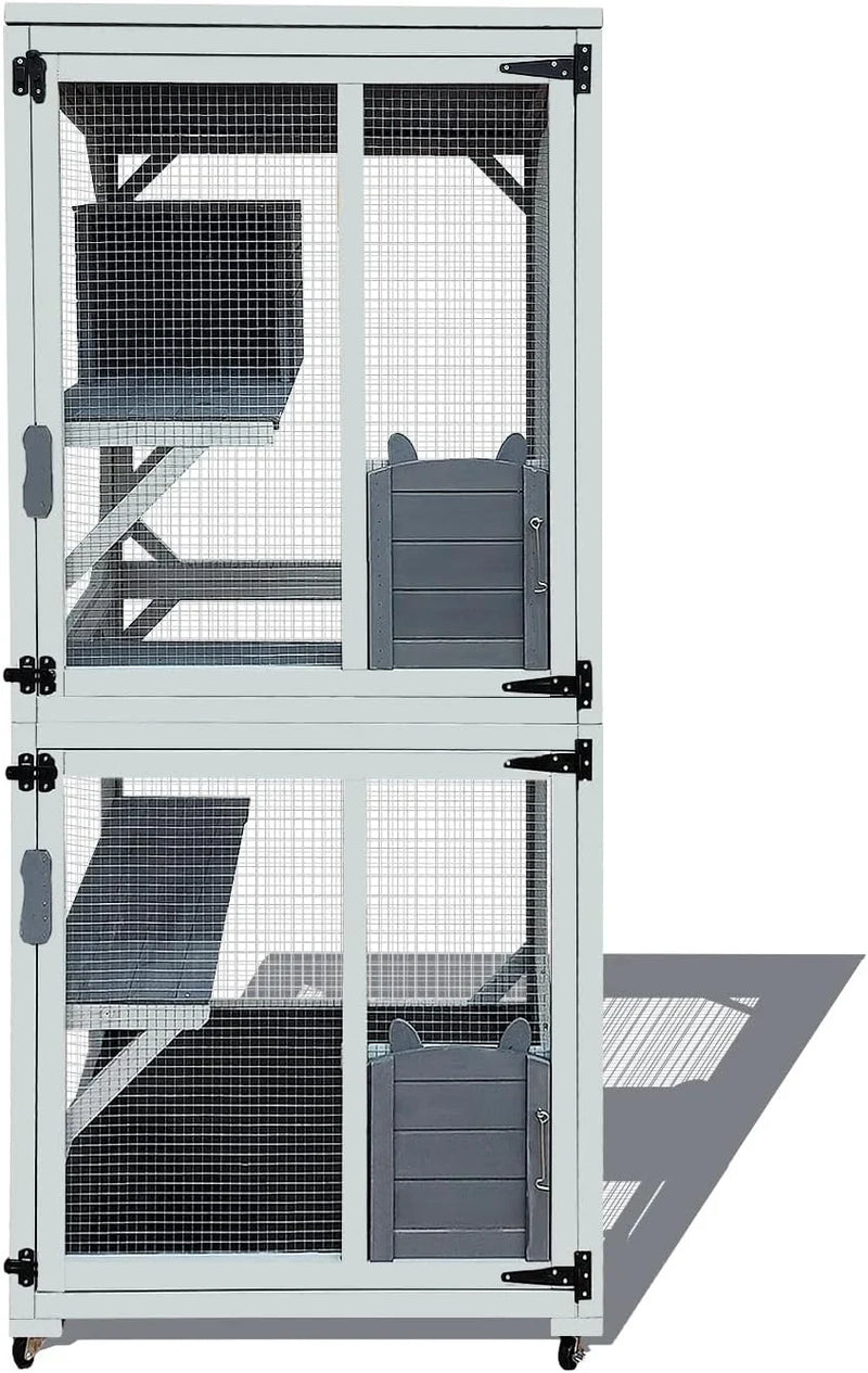 62.6-inch wooden outdoor cat house, large cat cage room, equipped with 7 platforms, 2 rest boxes and a rainproof roof, suitable for multiple pets to use. Step-in cat apartment shelter, white model V7520