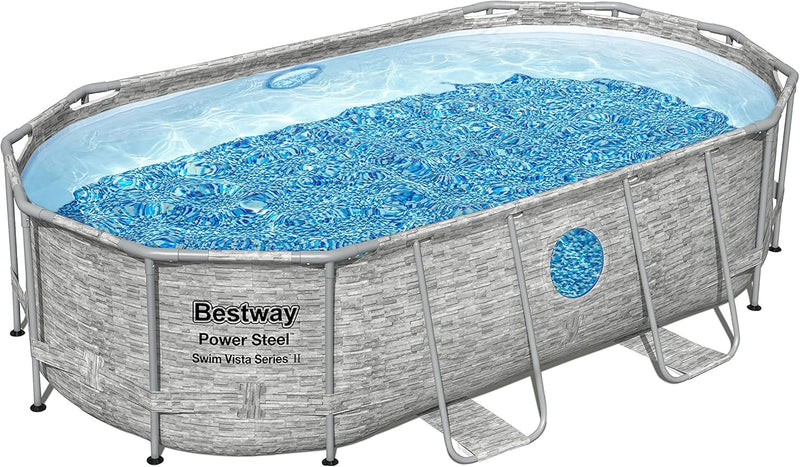 The robust steel swimming pool " Series II" - a 14 feet x 8 feet 2 inches x 39.5 inches outdoor above-ground pool package, equipped with a 530 liter/minute filtration pump, ladder and pool cover. J7964