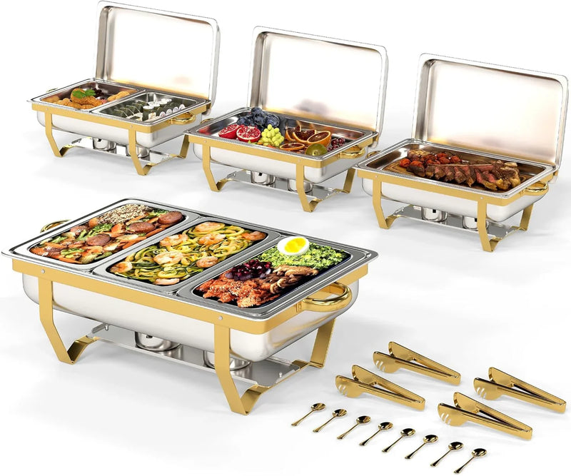4 Pack Stainless Steel Chafing Dishes for Buffet, 9 QT Capacity 7 Pans Food Warmers for Parties, Weddings, Events Hosting, Family Gatherings, Full Set Catering Server with Serving Utensils Accessories S9529