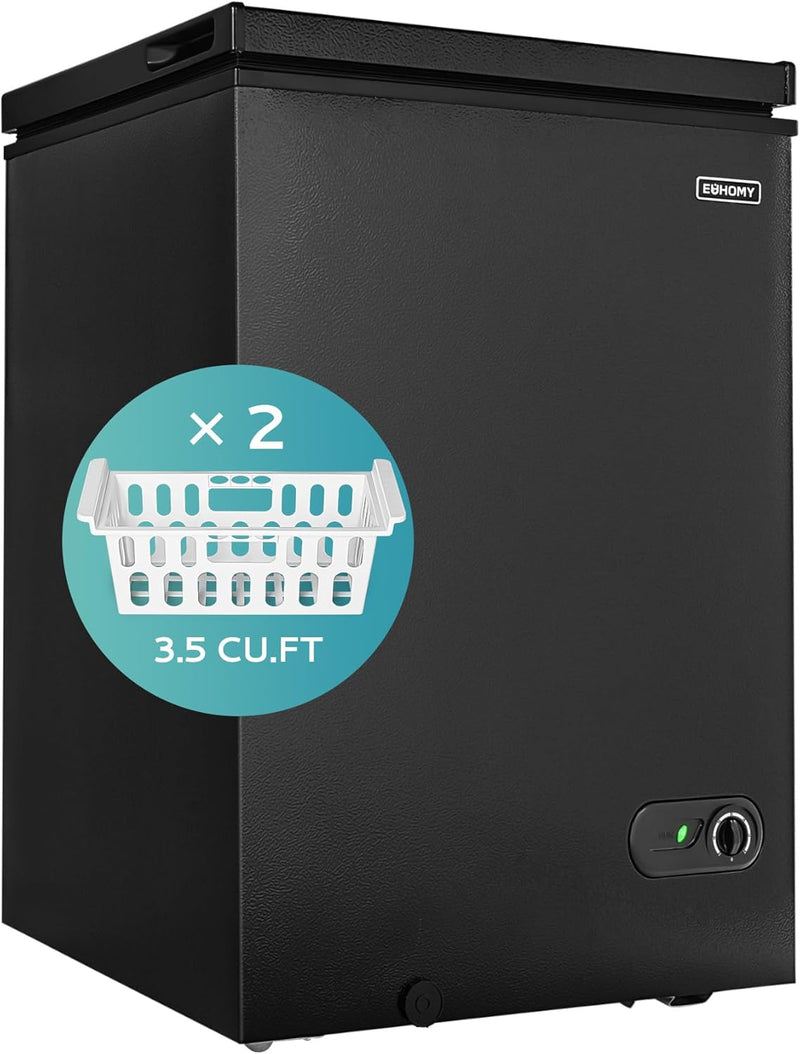 3.5 Cu.Ft Chest Freezer with Removable Basket, Small Deep Freezer Adjustable 7 Thermostat, Quiet Mini Freezer Free-Standing Top Door, Energy Saving for Apartment/Garage/Basement/Dorm/Home,Black W9397