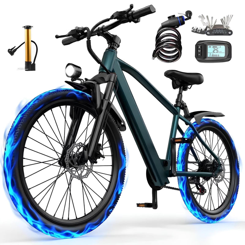 26 in Electric Bike for Adult,400W Motor,Top Speed 25MPH,40Miles Long Range,City Commuting E-bicycle With Front Fork Suspension, Dual Disc Brakes Q0167
