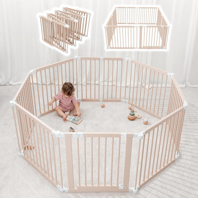 Baby Playpen & Gate - 144 x 144 x 63 cm, Extends Up to 579 cm - Pine Wood Foldable Playpen with Child-Proof Lock - Safe Play Fence Easy Assembly Baby Play Yard - Light Wood White N5464