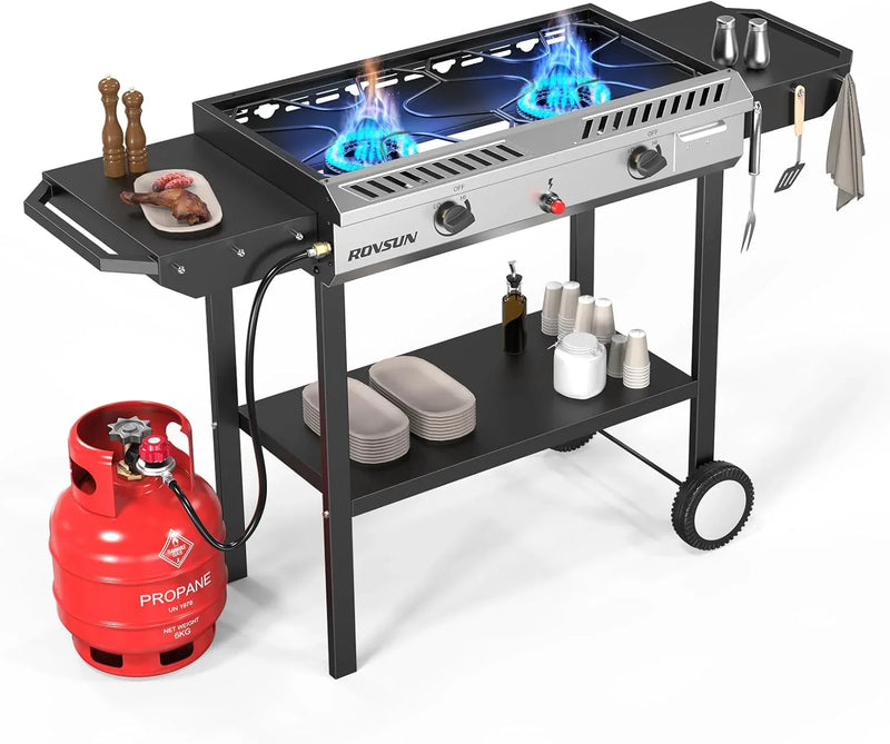 2 Burner Outdoor Propane Gas Stove with Griddle, Auto-ignition, Regulator & Side Shelves, 150,000 BTU Powerful Stand Cooker for Backyard Cooking Home Brewing Canning Frying Grilling P3427
