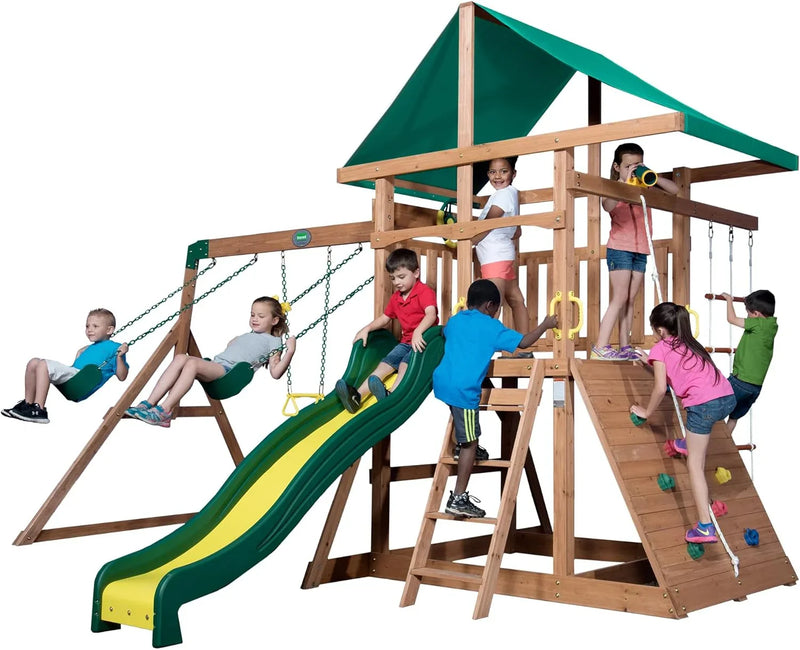 Mount Mckinley Cedar Wood Swing Set with Wave Slide, Play Deck, Double Rock Wall, Rope Ladder, Web Swing, Belt Swings, Toy Telescope, Steering Wheel, Sandbox Area, Outdoor Playset T3393