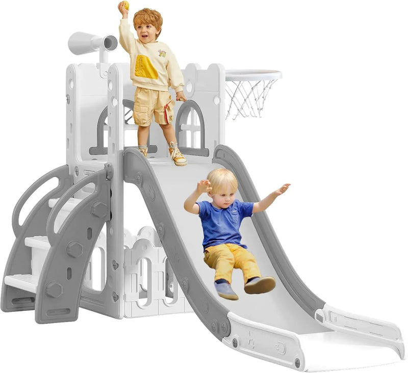 6 in 1 Toddler Slide for Toddler Age 1-3,Kids Climber Slider for Indoor Outdoor Playground with Basketball Hoop,Storage and Telescope,L Shaped Slide for Toddler Climber Playset O0127