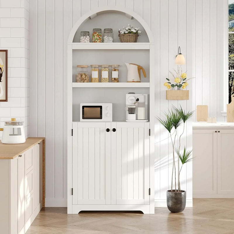 72'' Tall Farmhouse Bookcase, 5 Tier Arched Bookshelf with Double Doors & Adjustable Shelf, Display Storage Shelves, for Bedroom, Living Room, Home Office Y2968