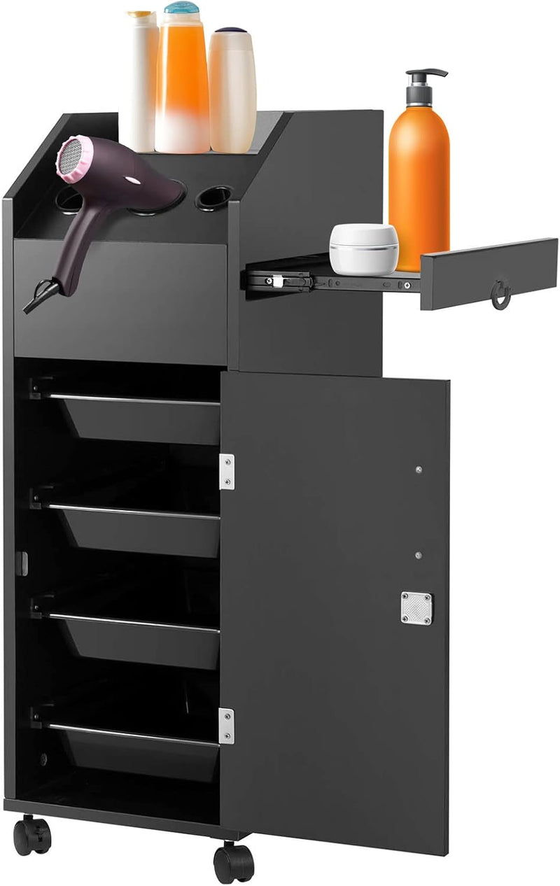Hair Salon Trolley Cart Salon Storage Cart Rolling Salon Cart with Wheels Lockable Drawers Hair Dryer Holders Side Tray for Barbershop Tattoos Beauty Hairdresser Station, Black O3463