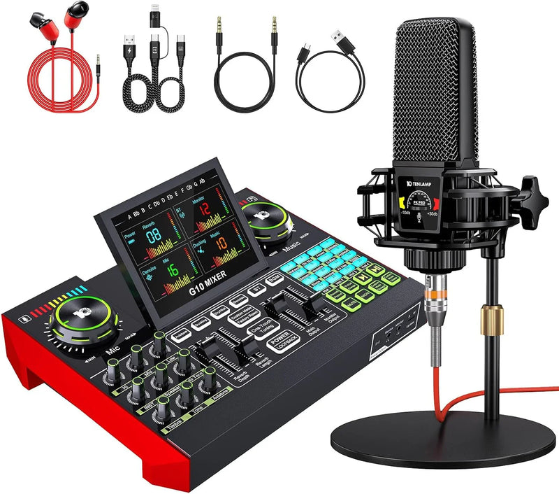 Podcast Equipment Bundle,with 3.5mm Condenser Microphone & Live Sound Card - Audio Mixer for Streaming, PC/Mobile Live Singing, Gaming Content Creators, Soundboard with USB Computer Interface B4023