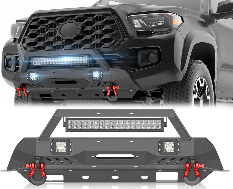 for Tacoma 3rd Gen Stubby Front Bumper Compatible with 2016 2017 2018 2019 2020 2021 2022 2023 Tacoma with Skid Plate, Winch Plate, License Plate Frame, LED Lights & D-rings, Black V5009