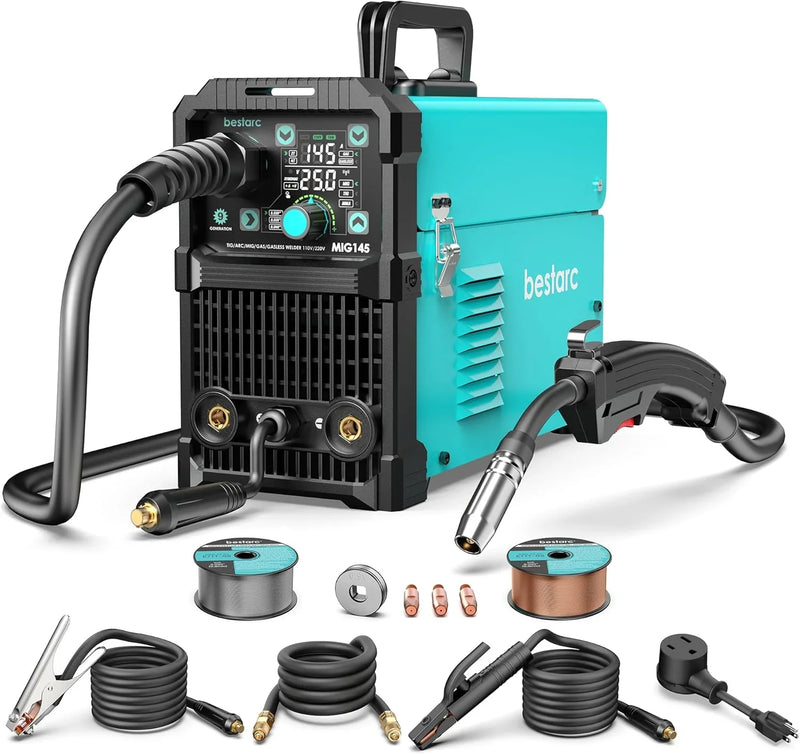 145A MIG Welder, 110V/220V Dual Voltage Gas/Gasless Flux Core MIG Welder/Lift TIG/Stick 3 in 1 Synergic MIG145 9GEN Welding Machine, Flux/Solid Welder Digital Screen Display L839