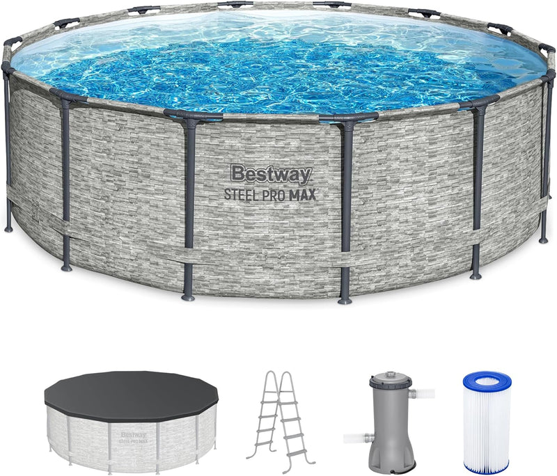 Above Ground Swimming Pool w/ Pump, Cover, & Ladder, 14' x 48", Steel Pro MAX, Gray - Backyard Outdoor Round Pool w/ Filter, 42-Inch Deep Water L787