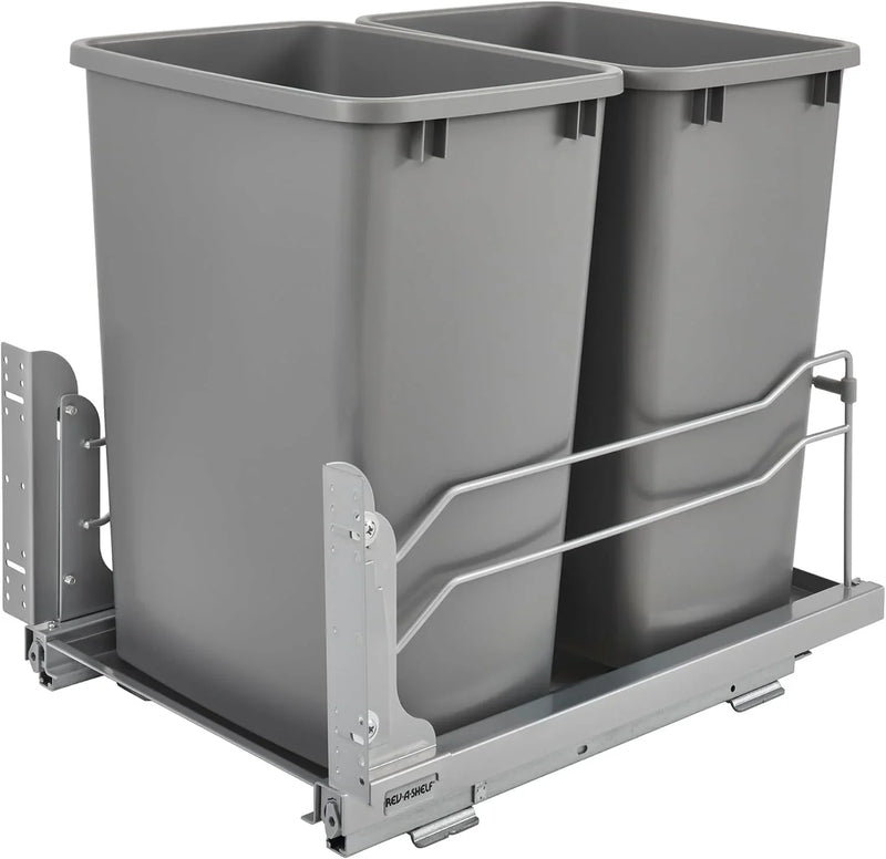 A double pull-out trash can suitable for the bottom of kitchen cabinets, with a capacity of 35 ounces (approximately 0.875 gallons), equipped with a gentle closing sliding mechanism, and in the color of Orison Gray. F7120