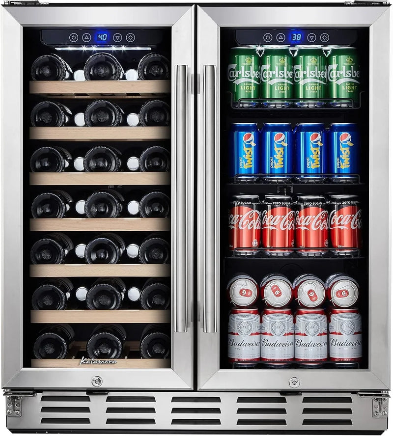 24 inch Wine Cooler, 46 Bottle - Dual Zone Built-in or Freestanding Fridge with Stainless Steel Reversible Glass Door, for Home, Kitchen, or Office. E6245