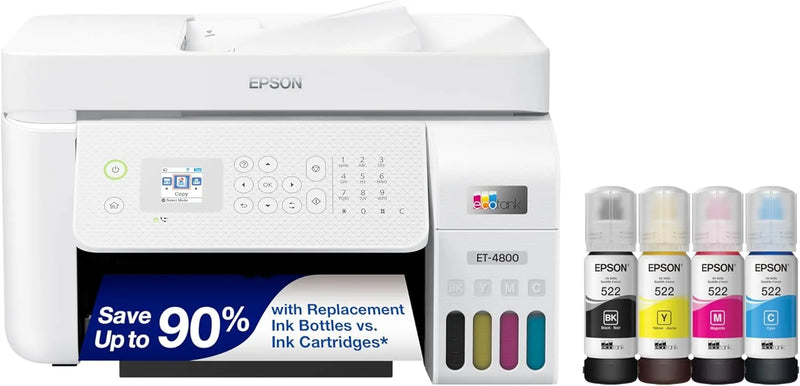Epson EcoTank ET-4800 Wireless All-in-One Inkjet Printer, Scanner, Copier, Fax, ADF, Ethernet, White F8114
