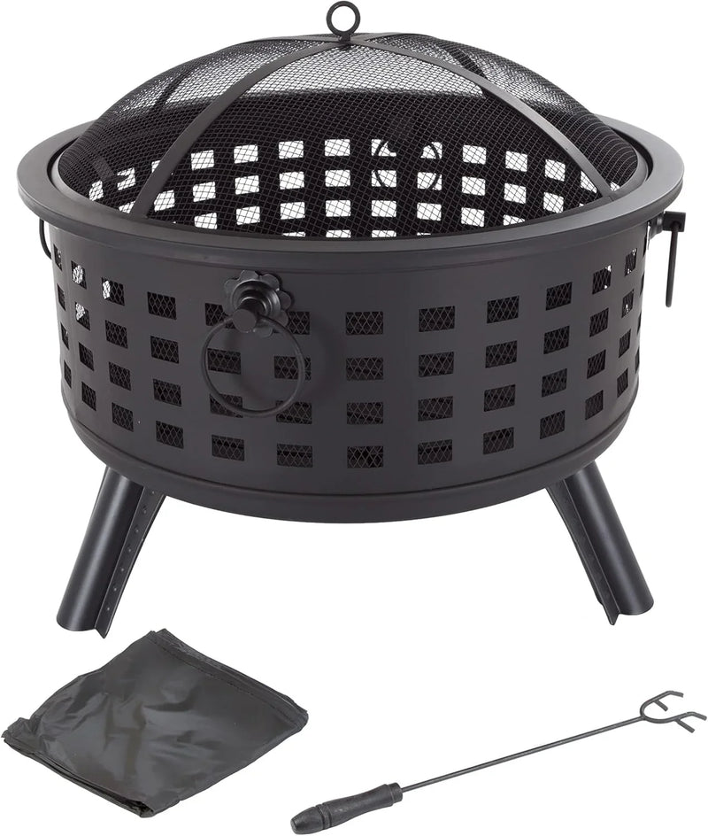 Outdoor Fire Pit - 26-Inch Round Lattice Wood Burning Firepit with Screen, Poker, Grate and Cover - Wood Fire Pits & Outdoor Fireplaces by Pure Garden Y7586