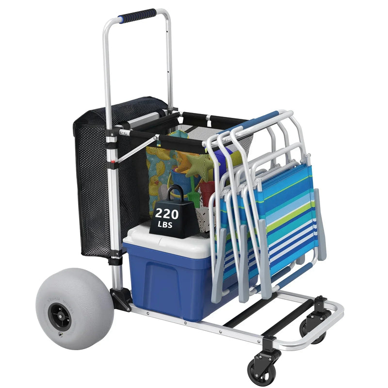 Foldable Beach Cart with Adjustable Handle and 12" Balloon Wheels, Heavy Duty Aluminum 220LBS Capacity U9732