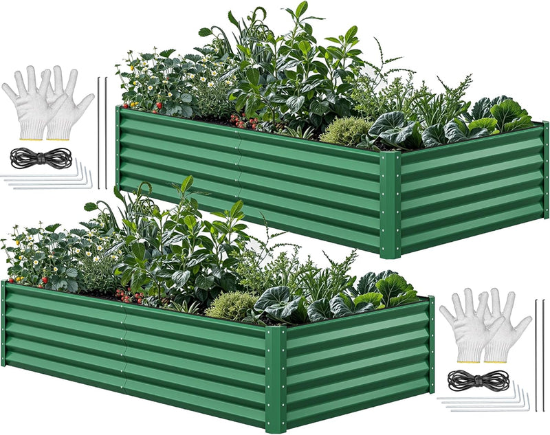 8x4x2ft 2pcs Large Raised Garden Bed Kit, Galvanized Metal Planter Box with Gloves, Ground Nails & Safety Rubber, Outdoor Above Ground Planters for Plants Vegetables Flowers, Green G1090