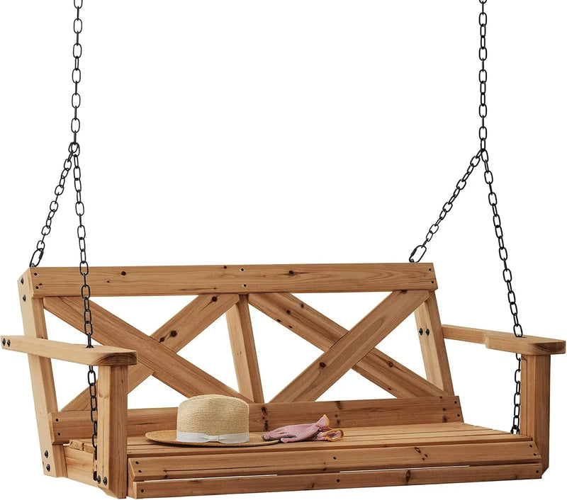 55" Cedar Wood Farmhouse Outdoor Porch Swing Bench with Two-Person Seating, Durable Hanging Chains, Water-Resistant, Heavy-Duty 600 Lbs Weight Capacity for Patio, Deck, Garden F9073
