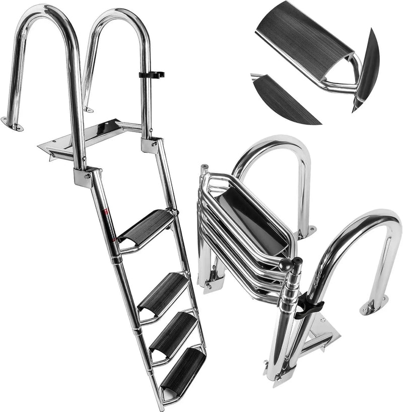 4 Steps Telescoping Boat Ladder Reinforce Dock Ladder Heavy Duty Swim Deck Ladder with Hand Railings and Extra Wide Steps H2805