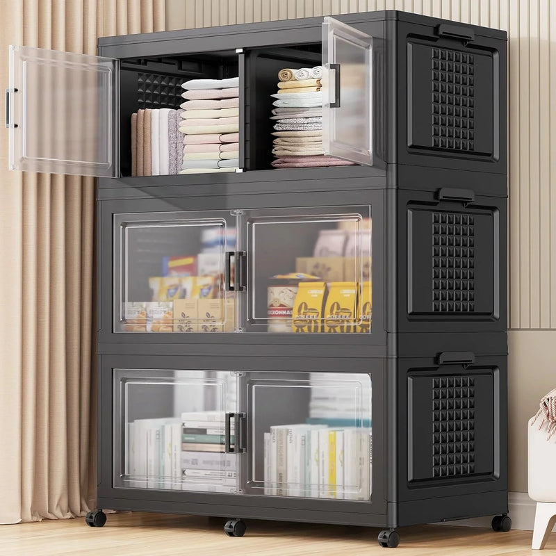 200Gal Extra Large Plastic Storage Bins with Lid & Wheels, Stackable Collapsible Bins with Dividers, Cube Closet Organizers and Storage Cabinet Shelves Box Roomy for Home Kitchen,4Pack White K8340