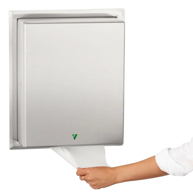 Automatic roll towel dispenser, semi-integrated design, matte stainless steel material, adjustable sensor, LED light guide, no contact operation, AC adapter/battery power supply, universal roll towel compatibility U9220
