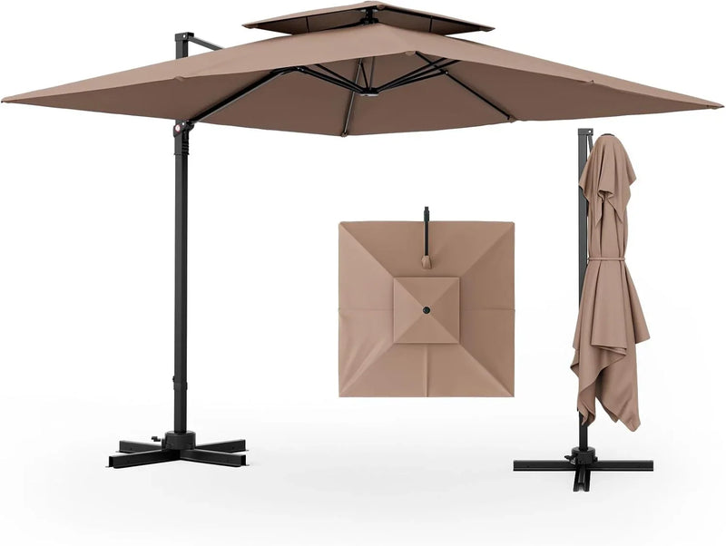 9.5-foot cantilevered patio umbrella, outdoor square offset umbrella, 360° rotatable, double-structured heavy-duty patio hanging umbrella, with cross base, suitable for gardens, patios, swimming pools and backyards. X6832
