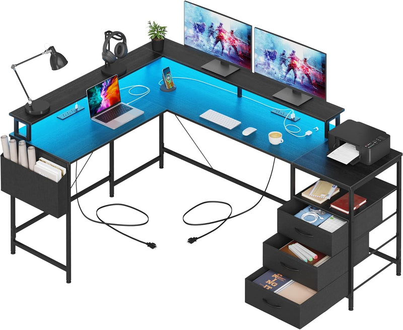 3 Drawers L Shaped Desk 63 Inch, 2 Power Strips (6 AC) and LED, Large Gaming Desk & 2 Monitor Stands, L Shape Computer Desk, Stable and Sturdy Home Office Desk, Fabric Drawers, Black R216