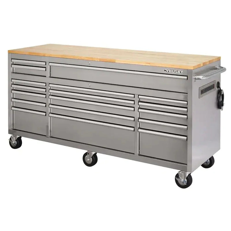 72 in 18-Drawer 24 in. D Mobile Workbench with Solid Wood Top Stainless Steel W5055