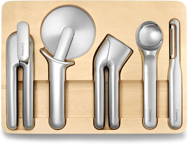 Kitchen Tool Set - Five-piece essential kitchen items - Made of stainless steel - Includes can opener, pizza cutter, garlic press, ice cream scoop, vegetable peeler and storage organizer box T3300