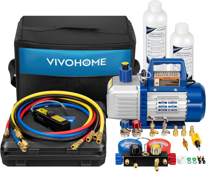 110V 1/4 HP 3.5CFM Single Stage Rotary Vane Air Vacuum Pump and AC Manifold Gauge Set Kit with Thermometer for R134a R12 R22 R502 R410a HVAC Air Conditioning Refrigeration Recharging Red C4442