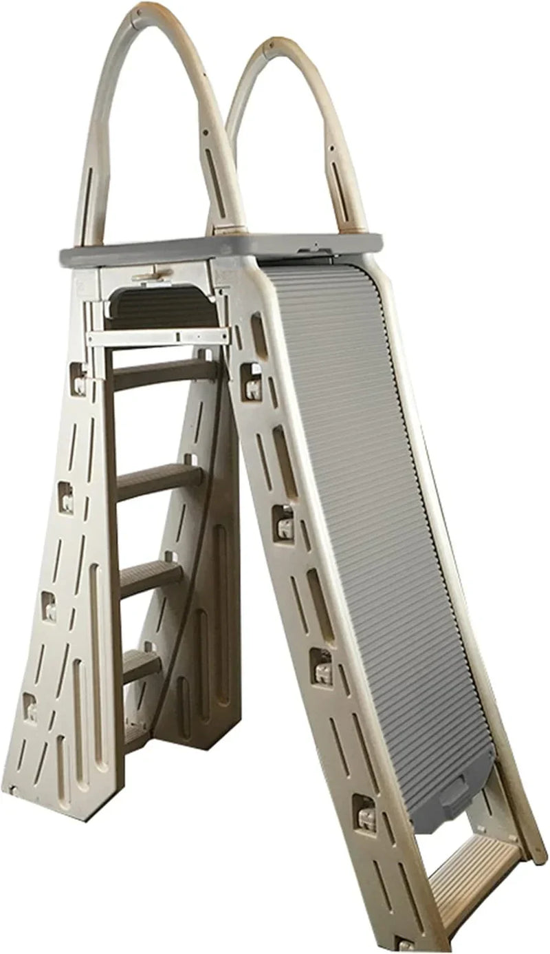 Confer Plastics 7200 Roll Guard 48" to 56" Adjustable A Frame Safety Ladder for Above Ground Outdoor Patio Swimming Pool Platform Ladder with Step Barrier, Warm Grey… U4560