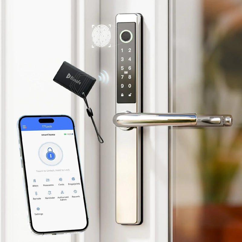 Smart Lock Fingerprint Door Lock with IC Card & App Control, Keyless Entry Smart Door Lock for 40–75mm Doors, Multipoint Locking System Door Lock Apply toWooden/Metal/PVC Door (OS Frosted Silver) K4481