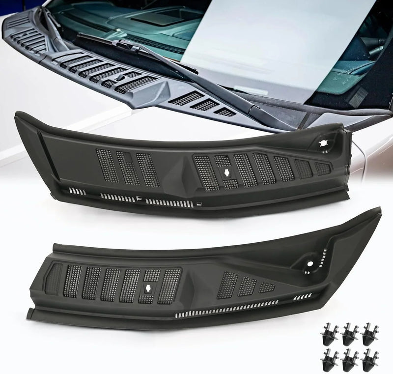 The front windshield wiper cover panel grille is compatible with the 2009 - 2014 models of F150. It features two front insert panels on both the left and right sides. J4516