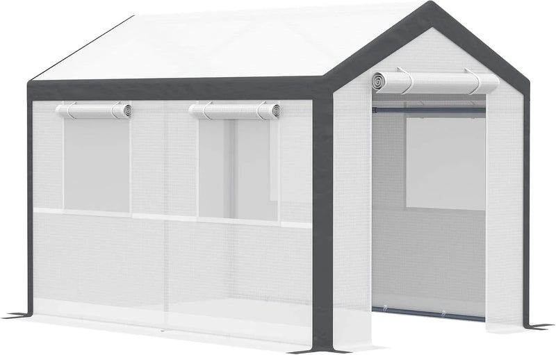 A 20-foot x 10-foot x 9-foot walk-in green house with an outdoor garden greenhouse, equipped with 6 roll-up windows, 2 zipper doors and a rain cover, in white color. K2031